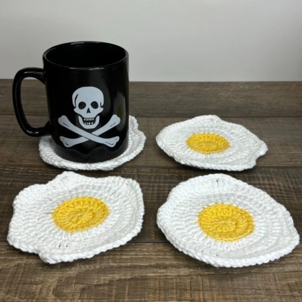 Coasters Sunny Side Up Fried Egg Cup Mug Set of 4‎ Handcrafted Crochet Cotton